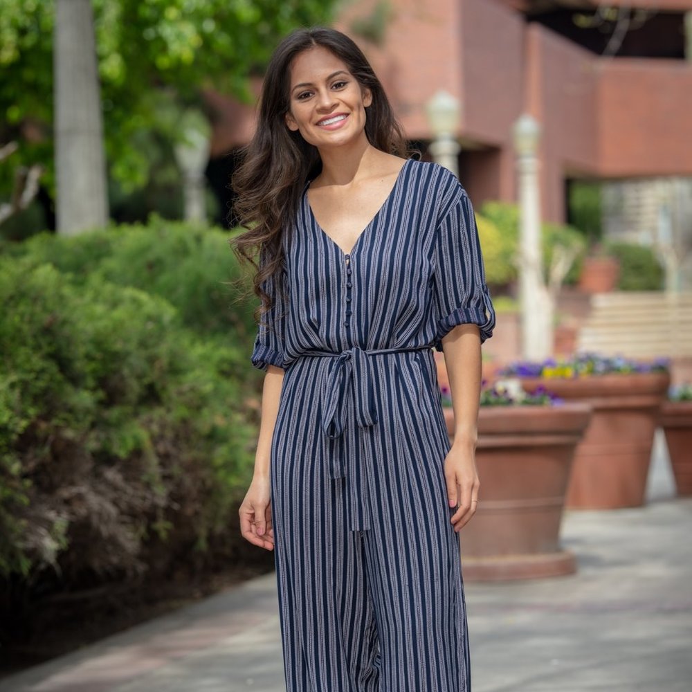 Striped Waist Tie Jumpsuit
